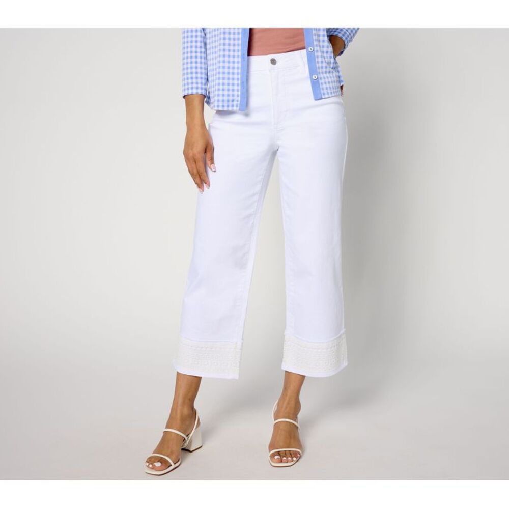 Top Knot Women's Pants Sz 10 Denim Wide-Leg Crop Jean Lace Trim White A641795